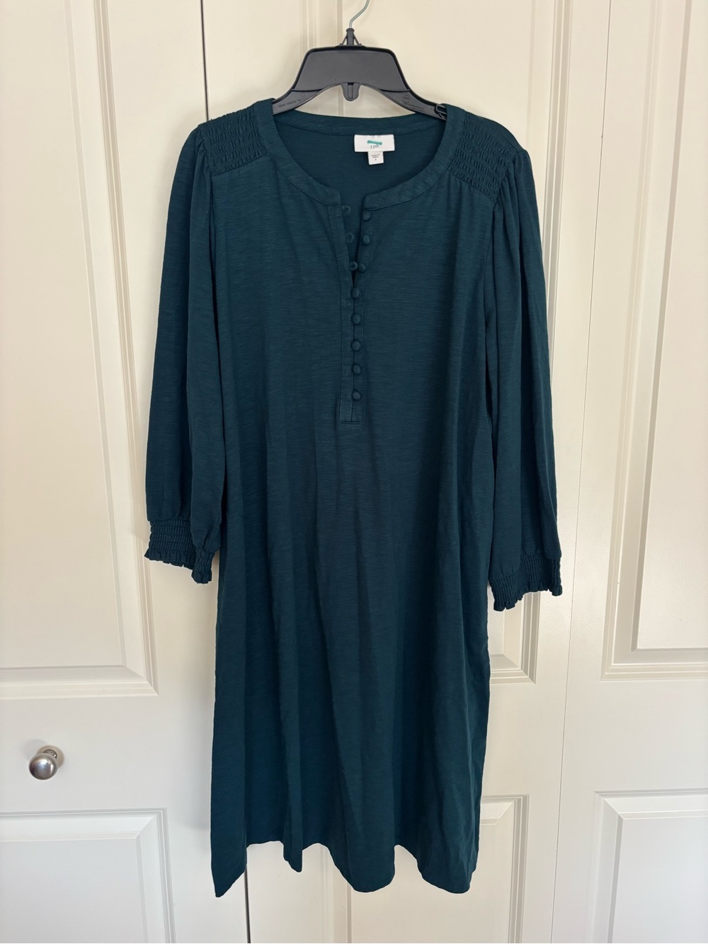 J. Jill dark teal smocked Henley dress size small.